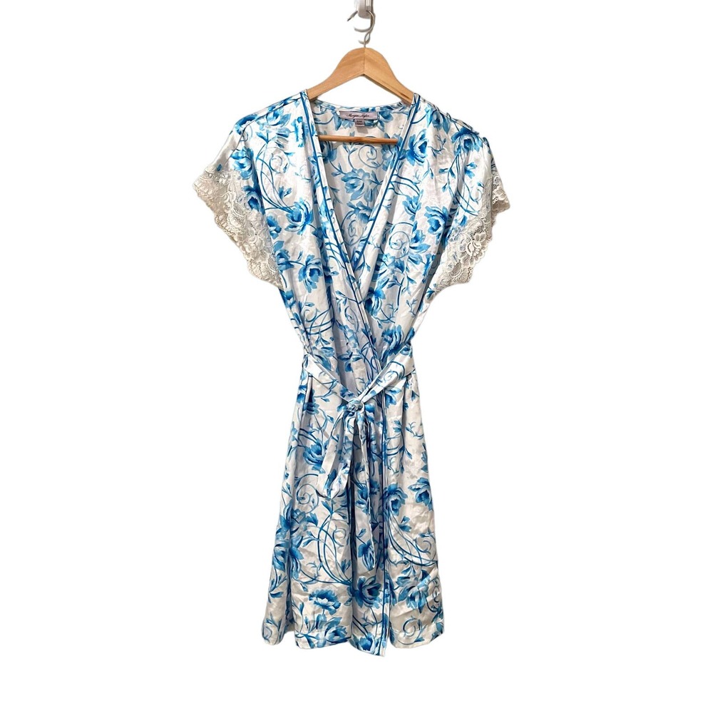 Morgan Taylor Blue Floral Satin Robe with Lace Trim